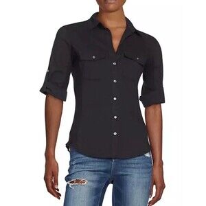 James Perse Ribbed Womens Panel Surplus Button Down shirt Top Black Size 3